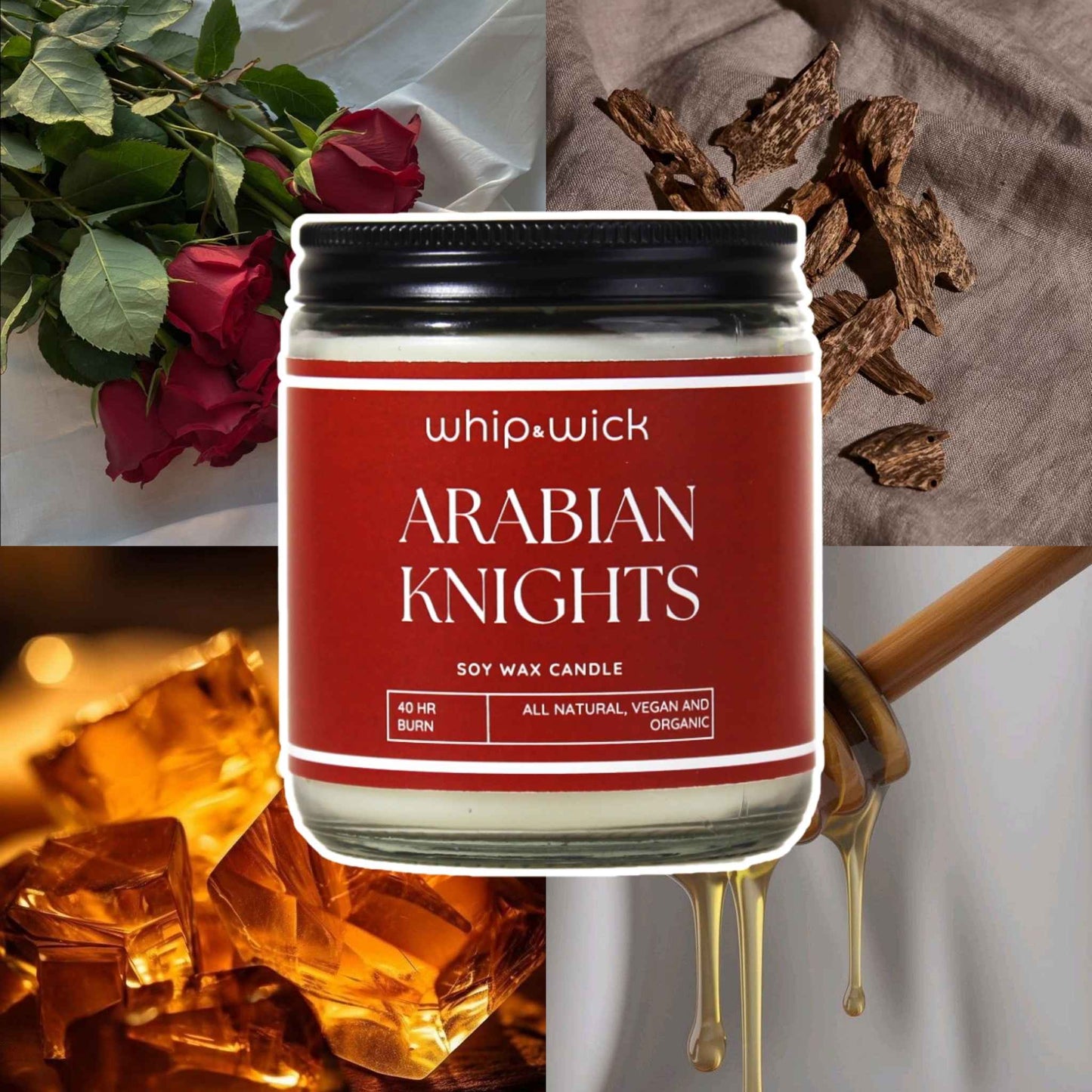 Whipandwick Arabian Knights soy wax candle in a red glass jar, lit and surrounded by deep red roses against a dark, elegant background.