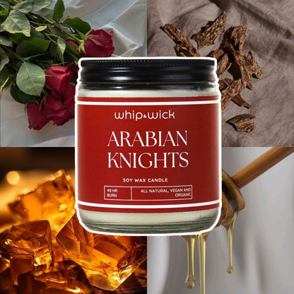 Whipandwick Arabian Knights soy wax candle in a red glass jar, lit and surrounded by deep red roses against a dark, elegant background.