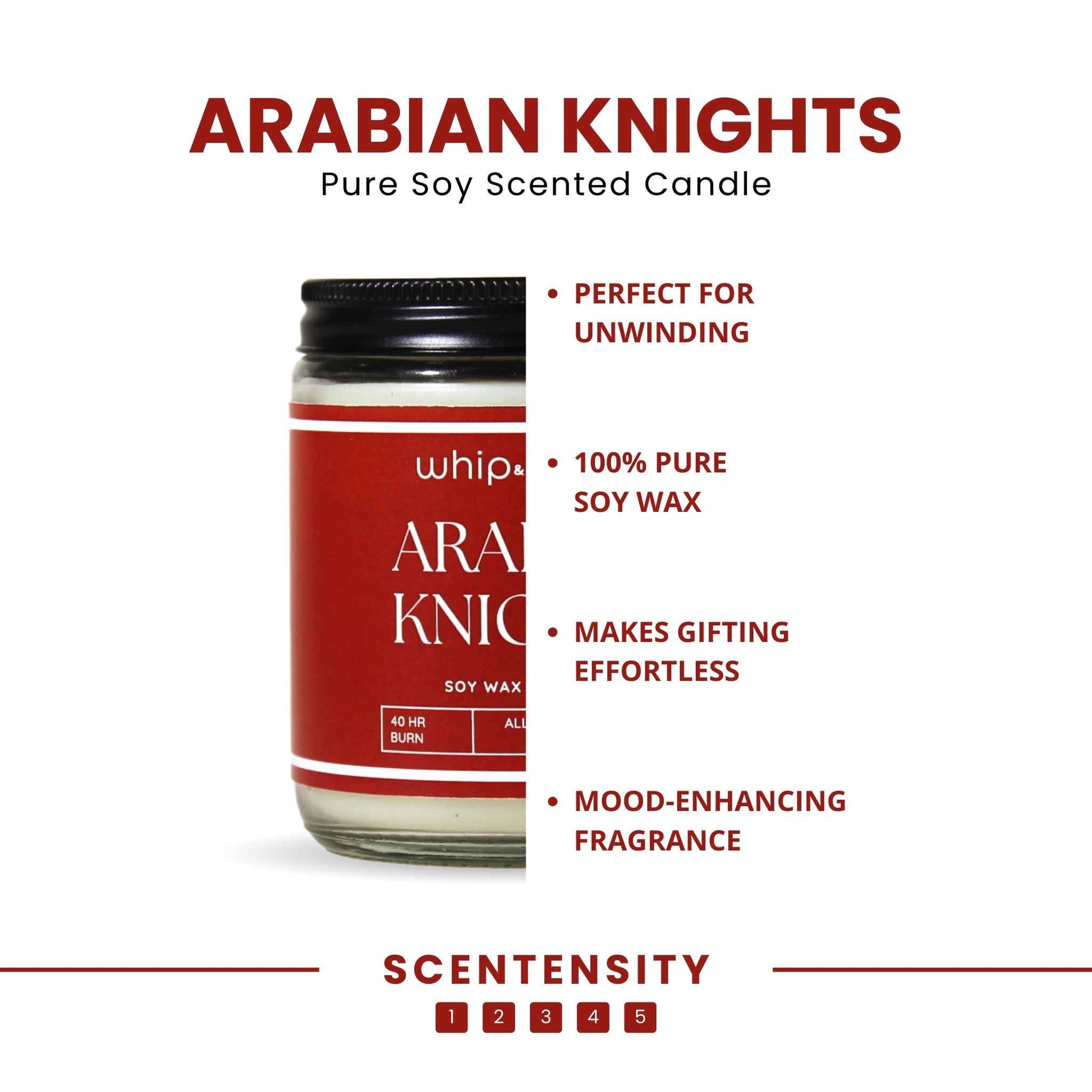 Whipandwick Arabian Knights soy wax candle in a red glass jar, lit and surrounded by deep red roses against a dark, elegant background.