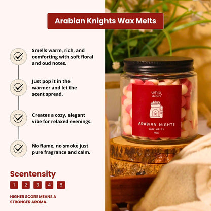Arabian Knights wax melts  with a rich, luxurious fragrance of roses, Amberwood, and dark oud for a warm and exotic atmosphere.