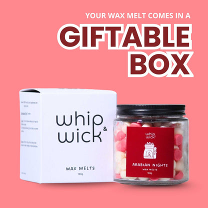  Arabian Knights Wax melts packaging with 'whip & wick' branding on a pink background